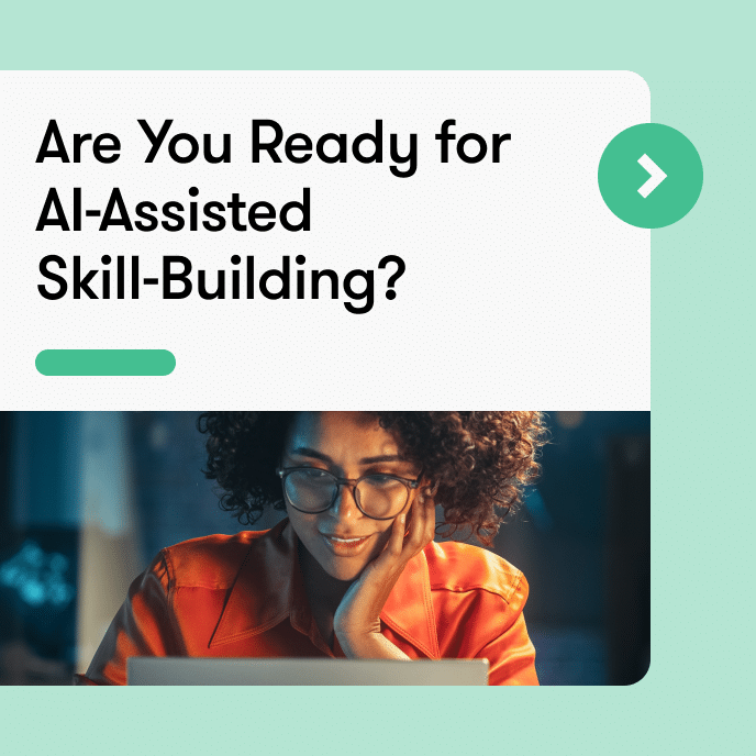 Woman with glasses looks at a laptop screen, intrigued, with a promotional banner about ai-assisted skill-building above her.