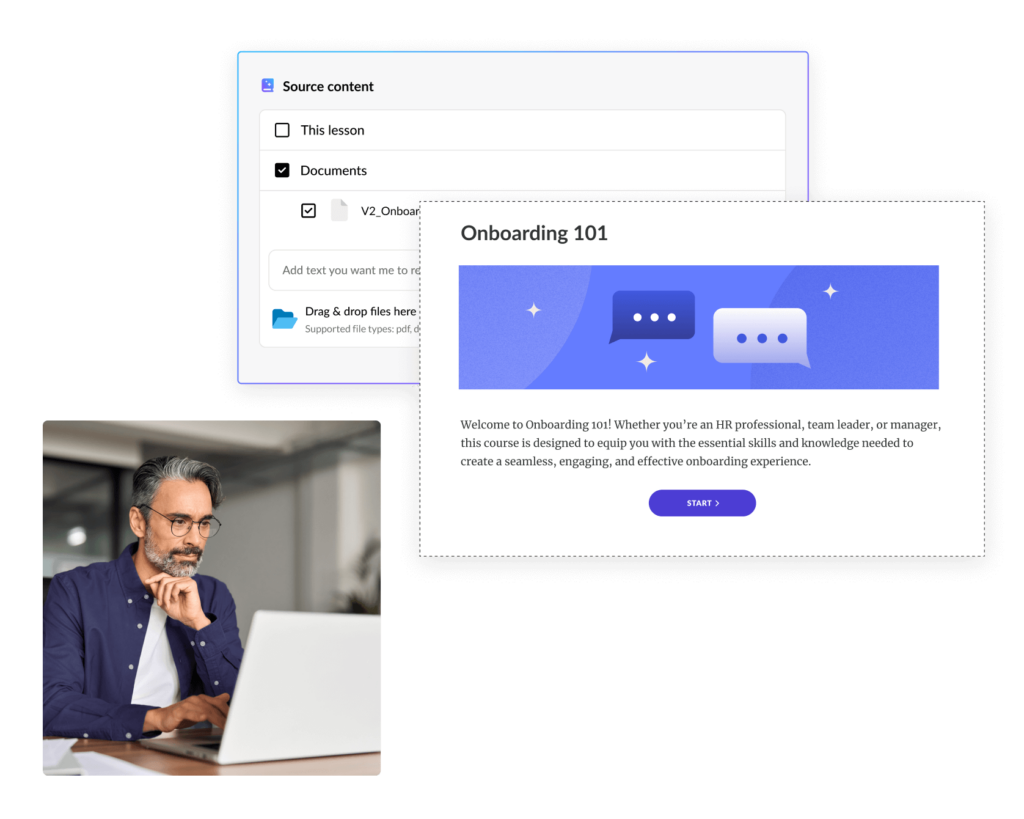 Experiencia del AI Assistant en Rise, en la que una persona que trabaja con una computadora portátil carga un documento fuente y este se transforma en un curso de Inducción.