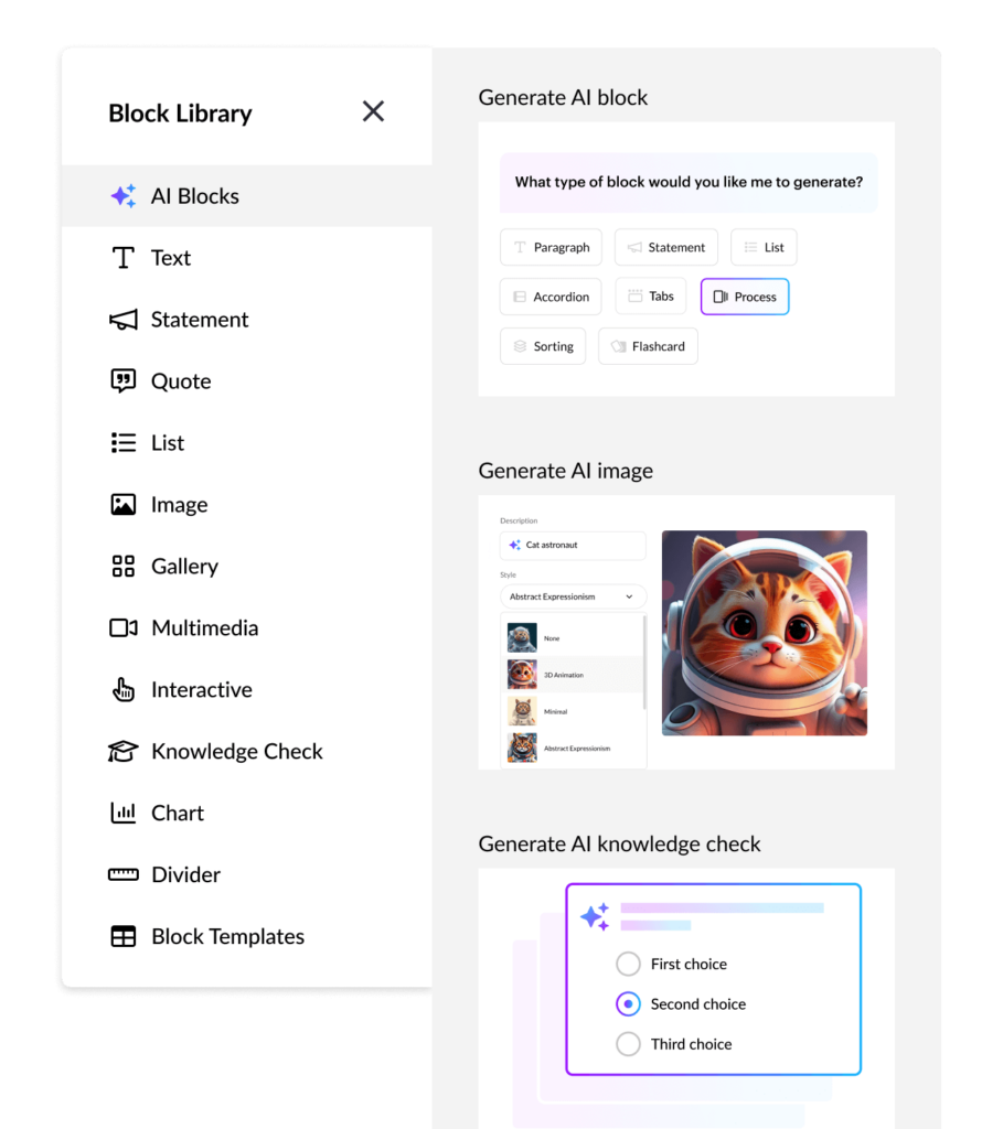 La biblioteca de bloques en Rise con nuevas opciones para crear con IA, que incluyen: generar bloques, imágenes y preguntas de comprobación.