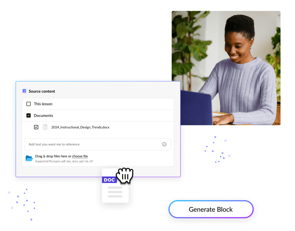 Un cursor arrastra un documento fuente a Rise para que la AI haga referencia a él. Detrás de la interfaz hay una foto de una persona sonriente frente a su computadora portátil.