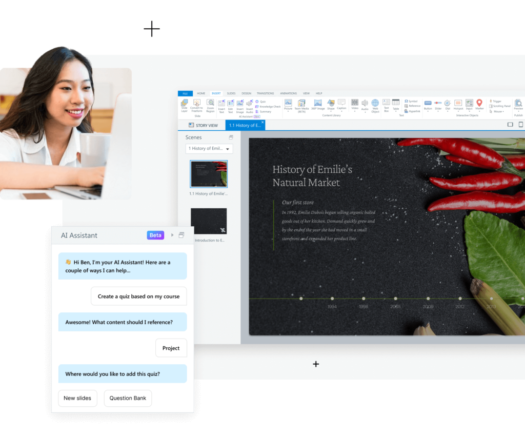 La interfaz de Storyline con el panel del AI Assistant. Una persona que trabaja felizmente frente a una computadora portátil le pide a una IA que cree un cuestionario basado en el contenido de su proyecto.