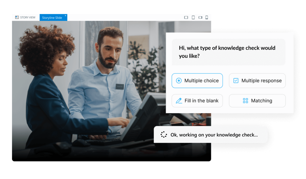 Una diapositiva de Storyline junto a una imagen de las opciones de verificación de conocimientos del AI Assistant, que incluyen: opción múltiple, respuesta múltiple, rellenar huecos y relacionar columnas.
